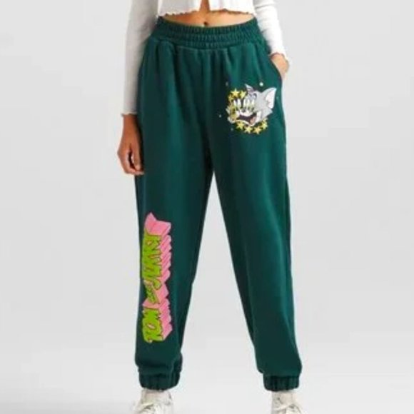 BERSHKA TOM & JERRY Green Sweatpants Joggers Size Large NWT - Picture 1 of 6